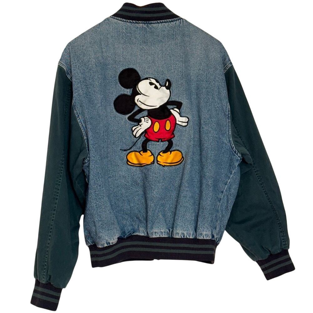 Vintage90s Disney Micky Mouse Denim Blue Green Snap Varsity Jacket Size M — image 3 of 8